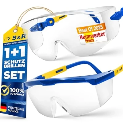 Abbildung von S&amp;R Schutzbrille Set: Schlagfeste Sicherheits und Arbeitsbrille mit UV Schutz Transparente Vollsicht Überbrille aus Polycarbonat für optimalen Augenschutz
