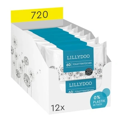 Abbildung von LILLYDOO Feuchte Toilettentücher, 720 Stück (12 x 60), 100% plastikfreies, spülbares Tuch, ohne Parfüme (FSC Mix)