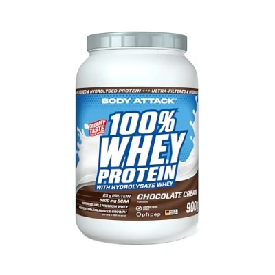 Abbildung von Body Attack 100% Whey Protein Chocolate, 900 g Made in Germany extra cremiges Eiweißpulver mit Hydrolysat und BCAA&#039;s, unterstützt Muskelaufbau Diäten, für alle Sportler &amp; Athleten