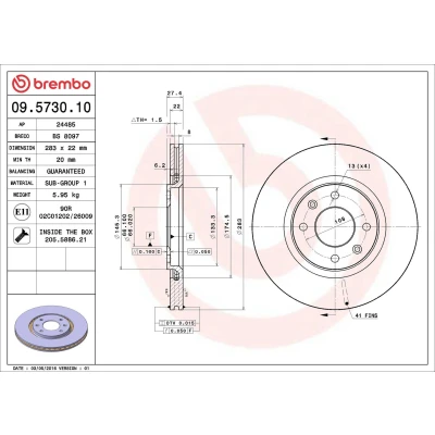 Abbildung von BREMBO 09.5730.10 Bremsscheibe 283 22 4 innenbelüftet mit Schrauben CITROËN: Xantia Hatchback, Xsara Estate, PEUGEOT: 306 Hatchback