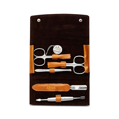 Abbildung von nippes Solingen Premium Line Maniküre Set Cognac, 5 teilig, Edelstahl rost und nickelfrei, Nagelpflege Set, Echtes Rindsleder Etui, Pediküre, Made in Germany