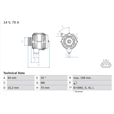 Abbildung von BOSCH 0 986 045 891 Lichtmaschine 14V 70A