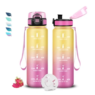 Abbildung von Trinkflasche, 500ml Trinkflasche Kinder, Leicht zu Reinigen, mit Uhrzeit, Zeitmarkierung, Auslaufsicher, Erwachsene für Schule, Camping, Outdoor