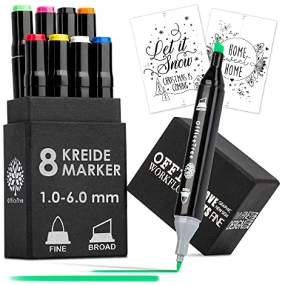 Abbildung von OfficeTree 8 x Kreidemarker Bunt Kreidestifte für Fenster Vorlagen Tafel Abwaschbar Fenstermalstifte Kinder inklusive 2 Malvorlagen als Download