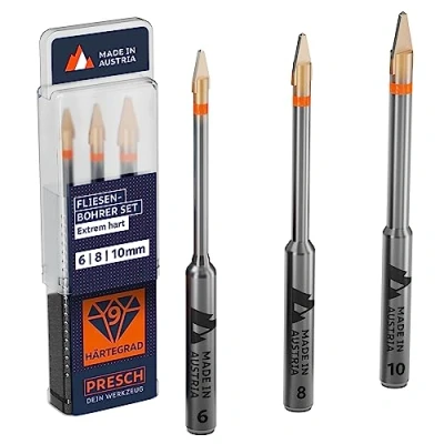Abbildung von Presch Fliesenbohrer Set 3tlg. ⌀ 6mm, 8mm,10mm Feinsteinzeug Bohrer für harte Fliesen, Keramik, Glas und Porzellan Profi Keramikbohrer, Porzellanbohrer inkl. Box