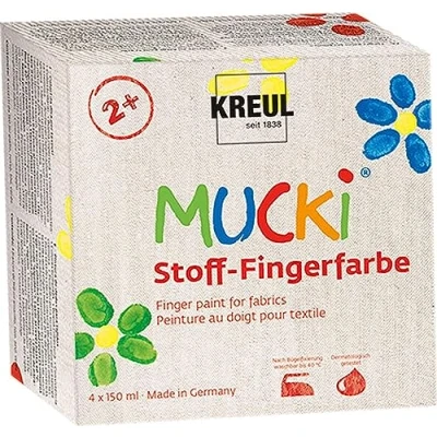 Abbildung von KREUL 28400 Mucki Stoff Fingerfarbe, leuchtkräftige Farben auf Wasserbasis für Kinder ab 2 Jahren, 4 x 150 ml Gelb, Rot, Grün, Blau