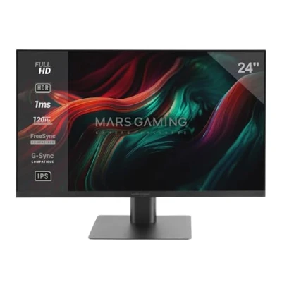 Abbildung von MARSGAMING MV 24, Monitor 24“ IPS FHD 120Hz, HDR10 1ms, FreeSync und G SYNC, PC Integrierten Speakern, 25 Neigung, Low Blue Light Flicker Free, HDMI + DisplayPort Jack 3,5mm, Schwarz