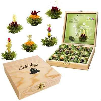 Abbildung von Creano Teeblumen Geschenkset in Teekiste aus Holz, 12 Erblühtee 6 Sorten grüner Tee fruchtig aromatisiert, Fruity Flavor, Teerosen Geschenk für Frauen