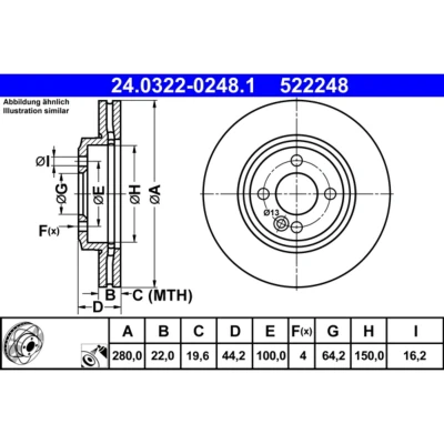 Abbildung von ATE PowerDisc 24.0322 0248.1 Bremsscheibe 280,0 22,0 4 100,0 Belüftet beschichtet hochgekohlt MINI: Hatchback, Convertible, Clubman