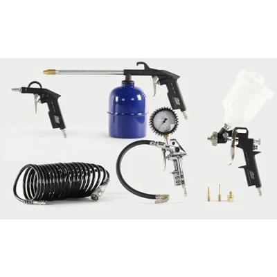 Abbildung von FIAC 8 teiliges Kompressor Zubehörset mit Professioneller EWG zugelassener Reifenpumpe Manometer, Blaspistole, Airbrush, Waschpistole, 5m Schlauch, 3 Schlauchtüllen, Max. Bar, Schwarz.