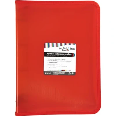 Abbildung von Grafoplás Ringordner mit Reißverschluss, A4+, Rot, Multiline, 4 gemischte Ringe, 25 mm, vertikal, linierter Polypropylen Einband, extra Kapazität für Blatt im Folioformat