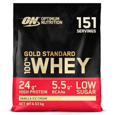 Abbildung von Optimum Nutrition Gold Standard 100% Molkenproteinpulver für Muskelaufbau und regeneration mit natürlich vorkommendem Glutamin BCAA Aminosäuren, Vanilla Ice Cream, 151 Portionen, 4,53 kg