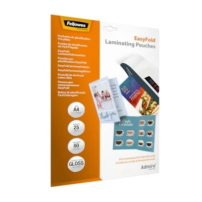 Abbildung von Fellowes vorgefaltete Laminierfolien A4 EasyFold für Speisekarten, Glückwunschkarten, 80 Mikron (2 x mic), DIN (gefaltet A5), 25 Stück