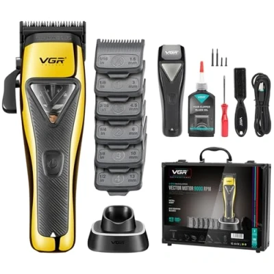 Abbildung von VGR 015 Professionelle kabellose Haarschneider für Männer, 9000 RPM Vector Motor, DLC Klinge, Friseurschneider Haarschnitte mit Metallgehäuse, 1 schwarzer modularer Deckel, Reisetasche