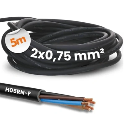 Abbildung von 5 Meter Kalitec H05RN F 2x0,75 mm² Gummileitung ohne Schutzleiter für Außenbereich I Elektrokabel schwarz Baustellenkabel flexibel UV und ölbeständig Anschlussleitung Gummikabel 2 adrig