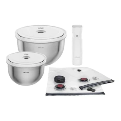 Abbildung von ZWILLING Fresh &amp; Save BOWLS Vakuum Starter Set 9 tlg, Edelstahlschüssel M 18 cm, L 24 Beutel, Pumpe