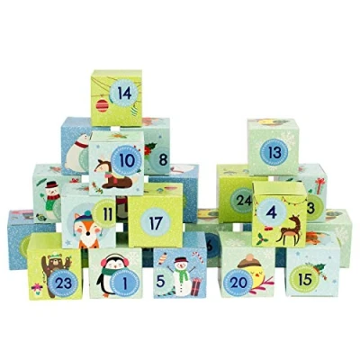 Abbildung von Papierdrachen DIY Adventskalender zum Befüllen Kisten Set Motiv Tiere feiern Weihnachten 24 Bunte Schachteln aus Karton Aufstellen und Boxen 2024