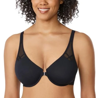 Abbildung von DELIMIRA Damen Vollschalen Vorderverschluss Seamless BH mit Bügel Ungepolster BHS Große Brüste Racerback Schwarz 80D