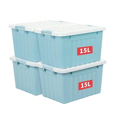 Abbildung von Cetomo 15L*4 Aufbewahrungsboxen mit Deckeln, Kunststoff Aufbewahrungsbox Clips, Kunststoffbox, Ordnungsboxen für Zuhause und Büro, BPA frei, Nestbar, Stapelbar, Blau, 15L 4er Pack