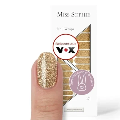 Abbildung von Original Miss Sophie Nagelfolien Champagne Shower I 24 ultra dünne Nagellack Streifen mit Glitzer in Gold Für Finger &amp; Fußnägel Hält auf Natur sowie lackierten, Acryl , Gel Shellac Nägeln