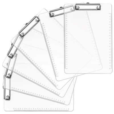 Abbildung von Belle Vous 6er Pack A4 Klemmbrett aus durchsichtigem Kunststoff DIN 22,5 x 32,3 cm Robuste und langlebige Klemmbretter mit flachem Clip transparentes Clipboard