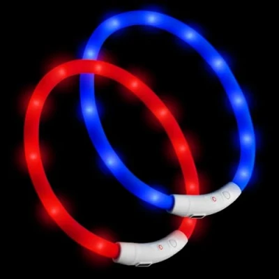 Abbildung von PRECORN 2 Stück LED Silikon Hundehalsband Leuchtend Rot und Blau Sicherheits Halsband Hund Hunde Leuchthalsband Set aufladbar USB Individuell kürzbar