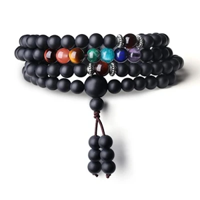 Abbildung von COAI Unisex Malakette aus 7 Chakren und Mattem Onyx Gebetsarmband Halskette