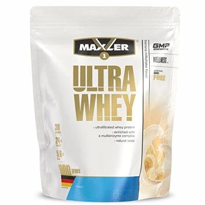 Abbildung von Maxler Ultra Whey Protein 24 g pro Portion Reines Pulver Molkenprotein Konzentrat, Isolat, Hydrolysat Mit BCAA Bananen Milchshake 900g