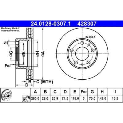 Abbildung von ATE 24.0128 0307.1 Bremsscheibe 280,0 28,0 5 118,0 Belüftet beschichtet CITROËN: Relay II Van, Minibus, Platform / Chassis