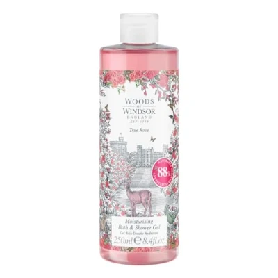 Abbildung von Woods of Windsor Rose Bade und Duschgel, Duschgel für Damen mit blumigen Noten von weißem Jasmin Ylang Ylang, feuchtigkeitsspendendes Vitamin E, echter Rosenduft, 250 ml