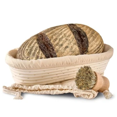 Abbildung von Gärkorb Oval 35cm Set mit Bürste, Leinentuch &amp; Brotbeutel 1.2 kg Aus nachhaltigem Rattan Zum Brotbacken Brot Backen Zubehör