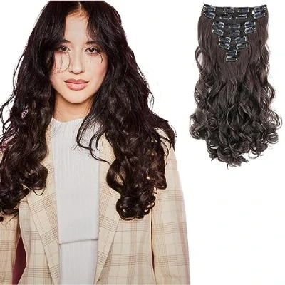 Abbildung von CAISHA XXL 8 Teiliges Set 45cm Langhaarige CLIP IN EXTENSIONS Synthetik Haarverlängerung Haarteil Voluminös Gelockt Braun CES22 1