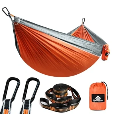 Abbildung von NATUREFUN Ultraleichte Reise Camping Hängematte 300kg Tragkraft (275 x 140 cm) Atmungsaktiv, Schnelltrocknendes Fallschirm Nylon 2 Premium Karabiner,2 Schlingen Drinnen Draußen Garten