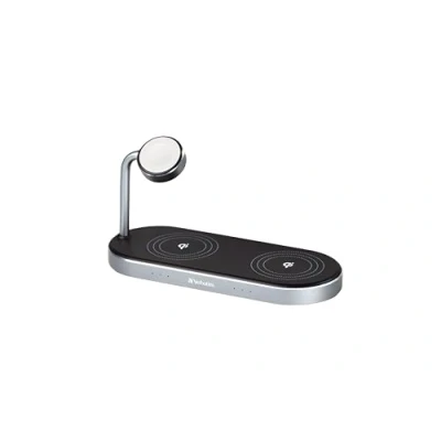 Abbildung von Verbatim 3 in 1 Qi MFi Dual Wireless Charger WCS 03, für iPhone, Apple Watch &amp; fähige Geräte, Handy Ständer mit induktiver Ladestation, kabelloses Ladegerät Apple, Samsung und mehr