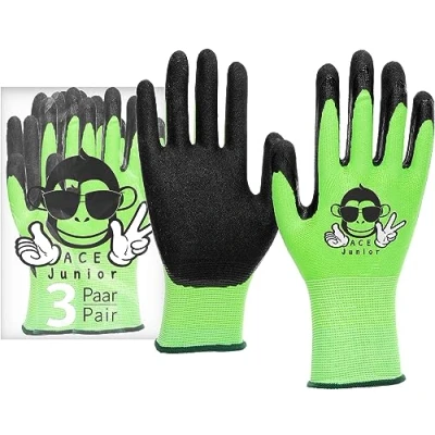 Abbildung von ACE Junior Arbeits Handschuh für Kinder 3 Paar Schutz Handschuhe die Garten Arbeit Grün 9 10 Jahre (3er Pack)
