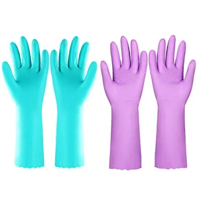 Abbildung von Elgood 2 Paar Wiederverwendbare Haushaltshandschuhe, latexfreie, mit Baumwolle gefütterte Putzhandschuhe, Gummihandschuhe für Küche, Geschirrspülen, Reinigen (Lila + Blau, Größe L)