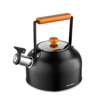 Abbildung von FLORINA Wasserkessel (2,5 l) Edelstahl Teekessel TOKYO Flötenkessel mit Holzgriff Automatischer Pfiff Japanischer Stil Wasserkocher für Induktionsherd, Gasherd, Elektroherd Farbe: Schwarz