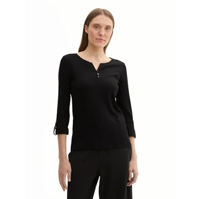 Abbildung von TOM TAILOR Damen Henley Longsleeve mit Streifen aus Bio Baumwolle, 14482 Deep Black, XXXL