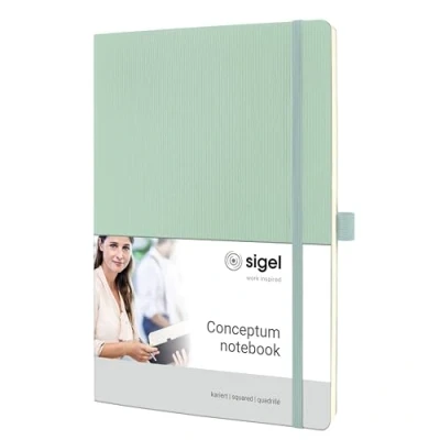 Abbildung von SIGEL CO334 Premium Notizbuch kariert, A4, Softcover, grün, aus nachhaltigem Papier, Conceptum mit Seitenzahlen, Inhaltsverzeichnis, Stiftschlaufe, Falttasche