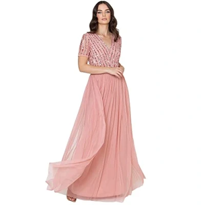 Abbildung von Maya Deluxe Damen Maxi Dress for Women Ladies Braidesmaid V Neck Plus Size Ball Gown Short Sleeves Long Elegant Empire Waist Brautjungfernkleid, Blossom, 44