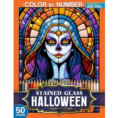 Abbildung von Halloween Stained Glass Color by Number: 50 Spooky Designs Featuring Pumpkins, Ghosts, and Haunted Scenes