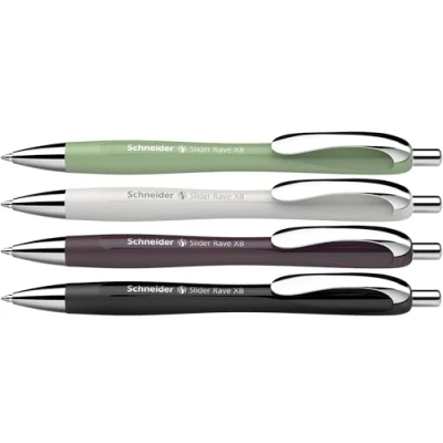 Abbildung von Schneider 132684 Slider Rave XB Kugelschreiber (Limitierte Sonderedition, je 1x organic green, silver grey, plum, schwarz, Made in Germany) 4 Stück, Schreibfarbe: blau