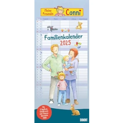 Abbildung von DUMONT Conni 2025 Familienkalender, 22x49,5cm, Planer mit 5 Spalten für die ganze Familie, Jahresübersicht 2026 und Schulferientabelle, deutsches Kalendarium