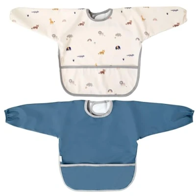 Abbildung von MIMUSELINA 2er Pack wasserdichte Baby Lätzchen mit Ärmeln Wasserdichtes verstellbaren Klettverschlüssen, elastischen Bündchen und Vordertasche Blau