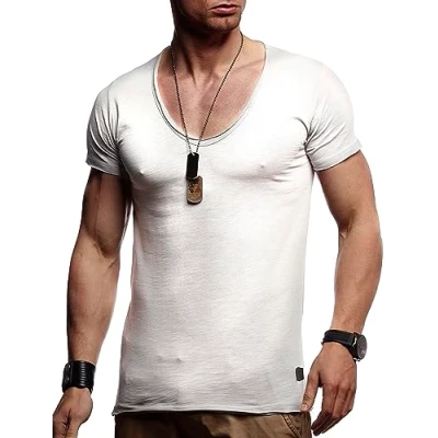 Abbildung von Leif Nelson Sommer T Shirt Herren V Ausschnitt (grau, Größe M) Coole Tshirts Neck Baumwolle Basic Shirts Männer Kurzarm tiefem