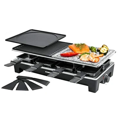 Abbildung von ROMMELSBACHER Raclette Grill RCS 2 Wendegrillplatten, 1 Steingrillplatte, 8 Pfännchen, Schaber, Antihaftbeschichtung Xylan Plus, stufenlose Temperaturregelung, 1350 Watt, Schwarz/Edelstahl
