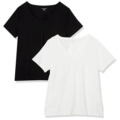 Abbildung von Amazon Essentials Damen T Shirt mit V Ausschnitt und kurzen Ärmeln in Übergröße, 2er Pack, Weiß/Schwarz, 3XL Große Größen