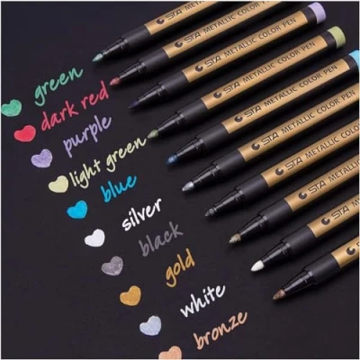 Abbildung von Metallic Stifte, 10 Farben Metallischen Marker Set für Fotoalbum DIY Scrapbook, Gold Stift zum Bemalen Gästebuch Hochzeit Schwarzes Papier Stein Glas Holz Ostern Basteln (2 mm)