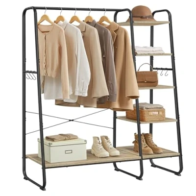 Abbildung von VASAGLE Kleiderständer, Garderobenständer, 45 x 120 160 cm Garderobe, Kleiderstange, Schuhablage, offener Kleiderschrank, 6 Haken abnehmbar, Schlafzimmer Flur, türkisbraun Mattschwarz RGR116K01