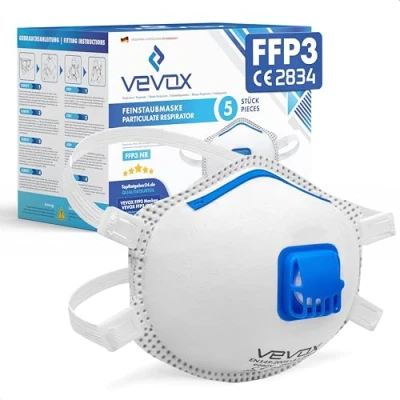 Abbildung von VEVOX® FFP3 Atemschutzmasken Im 5er Set mit Komfort Plus Abdichtung Staubschutzmaske Ventil Für den zuverlässigsten Schutz
